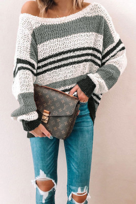 Gray Loose Fit Striped Pattern Sweater