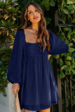 Blue Square Neck Puff Sleeve Babydoll Style Short Dress