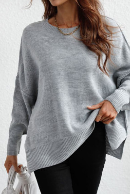 Plain Hem Side Split Knit Pullover Sweater