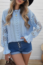 Sky Blue Crochet Lace Pointelle Knit Sweater