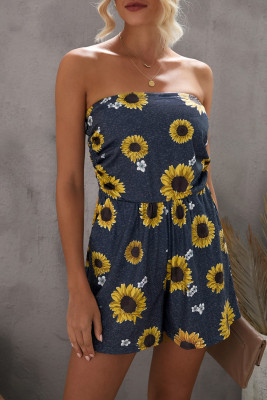 Yellow Floral Print Bandeau Romper with Pockets