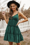 Green Spaghetti Straps Ruched Ruffled Mini Dress