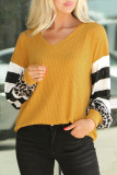 Yellow V Neck Leopard Stripe Splice Lantern Sleeve Top