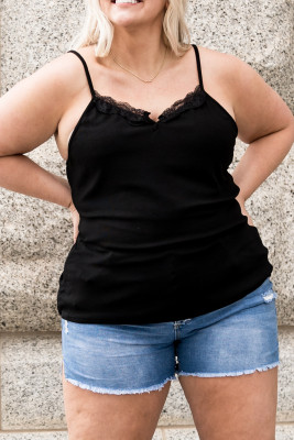 Black Lace Patchwork Ribbed Skinny Plus Size Tank Top