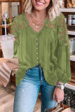 Green V Neckline Lace Shoulder Patchwork Blouse