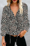 Black Printed Long Sleeve V-Neck Drawstring Shirt