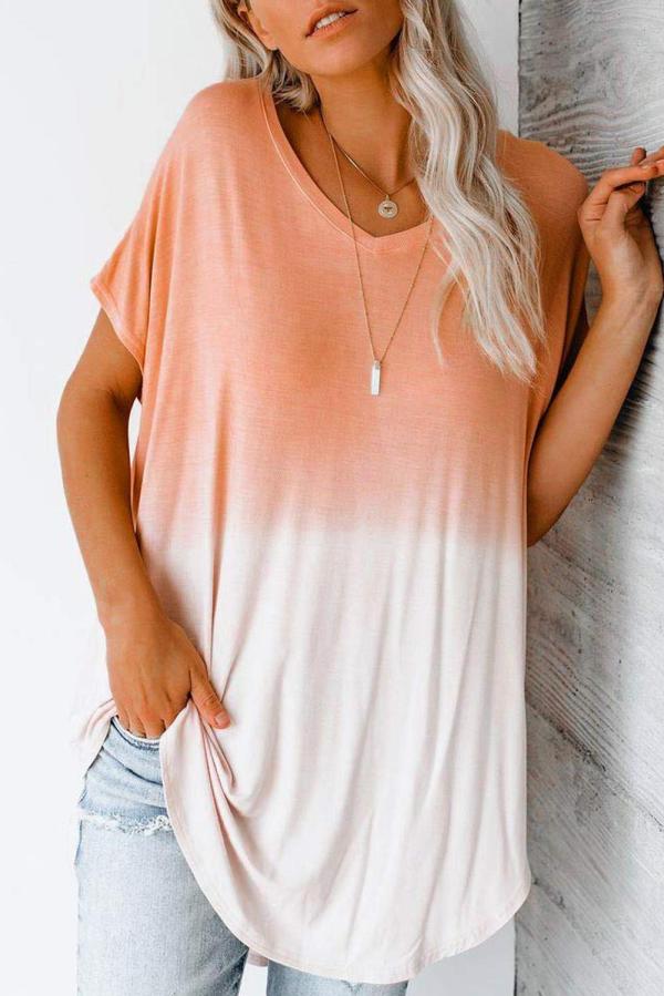Orange White Ombre Color Block Casual Summer Shirt