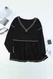 Black V Neck Long Sleeve Colorblock Waffle Babydoll Top