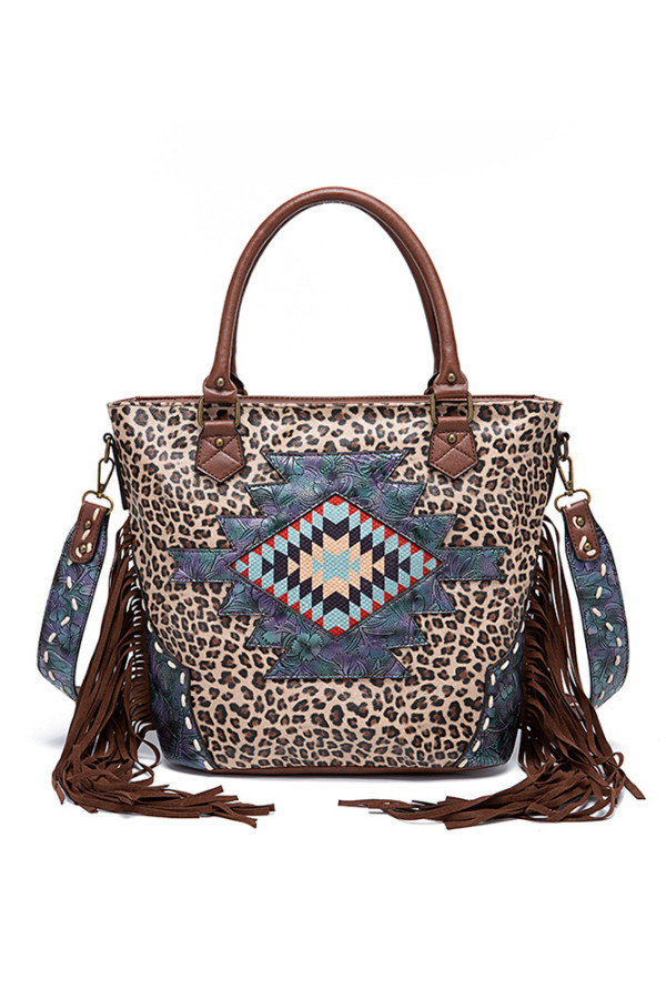 Leopard Aztec Patchwork Tassle Hangbag MOQ 3PCS
