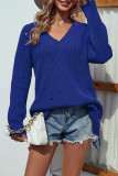 Ripped Raw Edge V Neck Plain Knit Sweaters