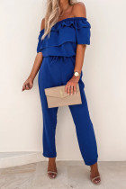 Plain Off Shoulder Ruffle Drawstring Jumpsuits