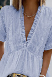 Sky Blue Ruffled V Neck Frill Hem Swiss Dot Blouse