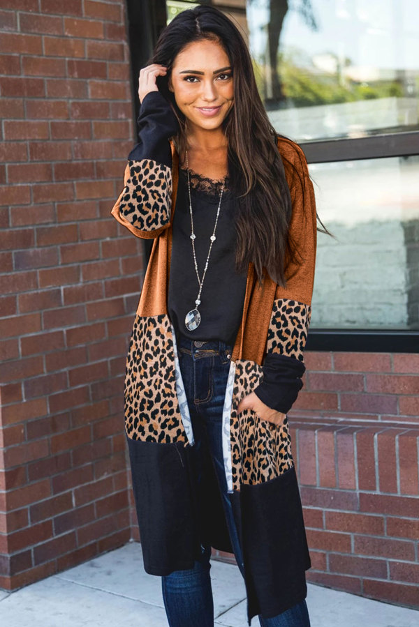 Orange Leopard Splicing Colorblock Cardigan
