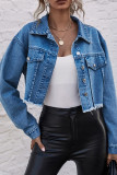 Blue Open Front Button Pocket Short Length Denim Jackets