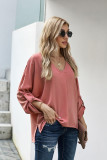 V Neck 3/4 Sleeve High Low Hem Shirt