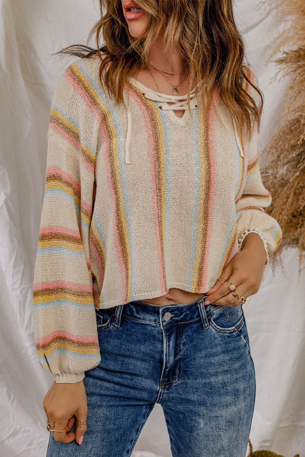 Beige Lace up V Neck Striped Knit Sweater