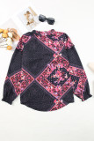 Red Floral Dotted Print Frilled Drawstring V Neck Blouse