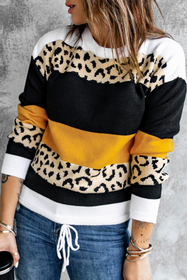 Orange Crewneck Leopard Color Block Knit Pullover Sweater