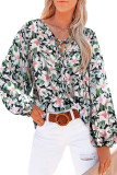 Black Floral Print Lace Up Blouse