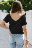 Black V Neck Eyelet Knitted Top with Scalloped Trims