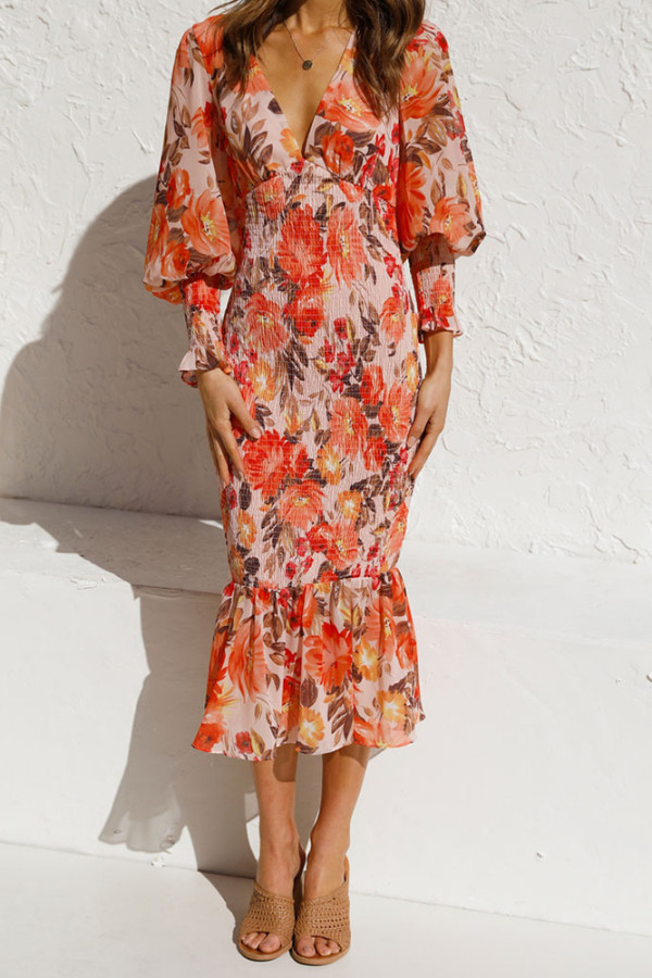 Long Sleeve Floral Print Halter High Waist Dress Unishe Wholesale