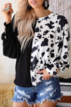 Black Cow Patchwork Waffle Knit Long Sleeve Top