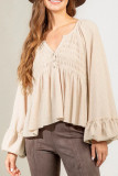 Puff Sleeve Ribbed Knitting Henley Top