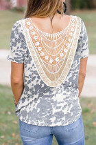 Gray Crochet Lace Patchwork Cow Print Short Sleeve T-shirt