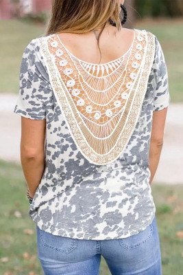Gray Crochet Lace Patchwork Cow Print Short Sleeve T-shirt