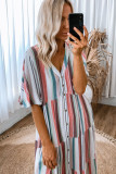 Serape Striped V Neck Buttoned Shirt Dress