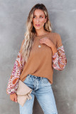 Orange Paisley Contrast Bubble Sleeve Ribbed Top