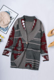 Gray Lapel Collar Geometric Print Knit Cardigan