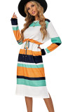 Green Multicolor Block Drawstring Waist Long Sleeve Midi Dress