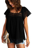Black Lace Pom Pom Splicing Square Neck Blouse