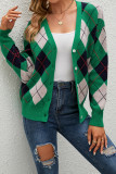 V Neck Front Open Button Diamond Plaid Knit Cardigans