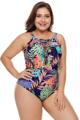 Colorful Tropical Jungle Crisscross Plunge V Neck Plus Maillot Swimwear