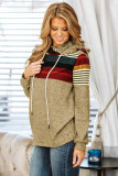 Khaki Long Sleeve Striped Color Block Drawstring Hoodie