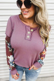 Purple Floral Accent Puff Sleeves Plus Size Thermal Top