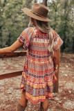 Orange Accent Color Block Bohemian Print Short Sleeve Mini Dress