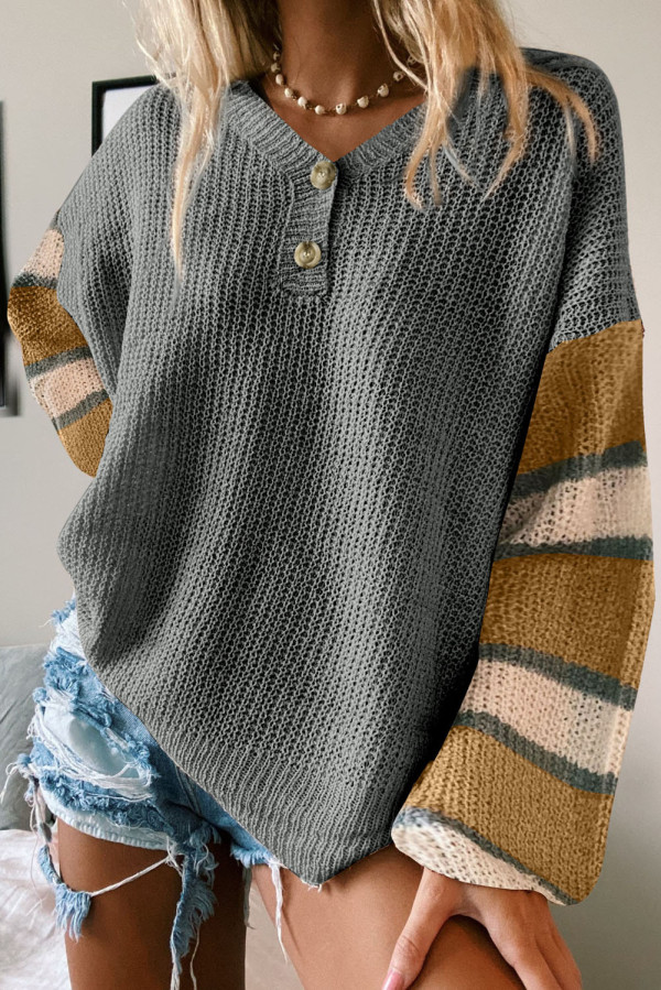 Gray Striped Raglan Sleeve Drop Shoulder Sweater