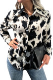 Black Leopard Open Button Long Sleeves Blouse Shirt