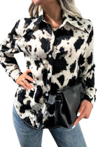 Black Leopard Open Button Long Sleeves Blouse Shirt