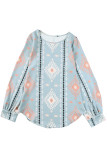 Sky Blue Geometric Aztec Print Long Sleeve Blouse