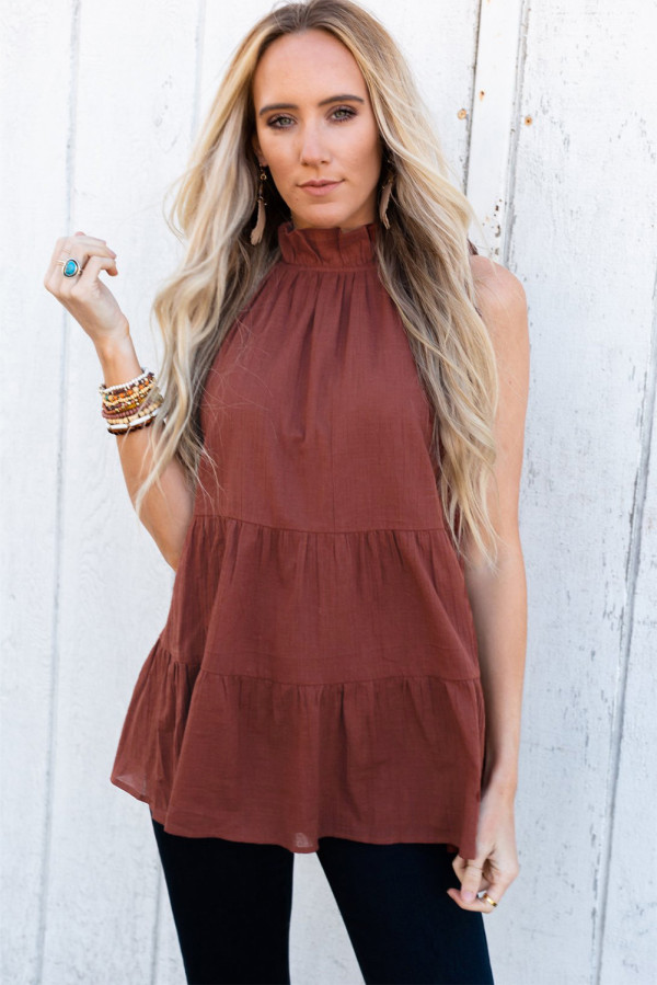Brown Frilled Collar Sleeveless Knotted Tiered Flowy Tank