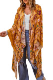 Orange Floral Print Bell Sleeve Open Front Kimono
