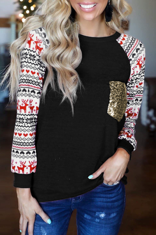 Black Christmas Print Sleeve Sequin Pocket RaglanTop