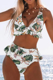 Green Floral Print Ruffles High-waisted Bikini Set