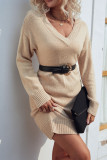 Plain V Neck Knit Sweater Dress