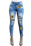 Sunflower Print Leopard Patchwork Distressed Skinny Jeans