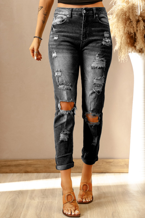 Black Washed Ripped Straight Legs Jeans
